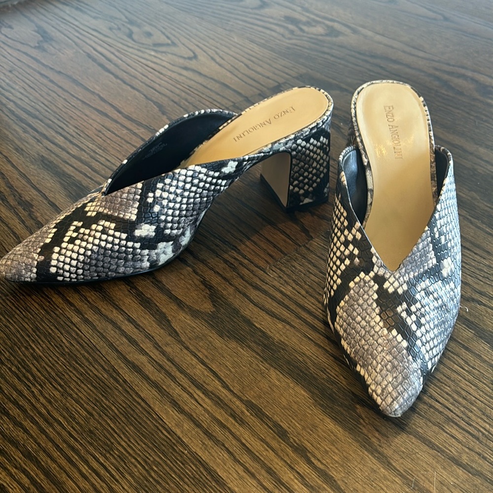 Snakeskin Heeled Enzo Angliolini Mules, Size 9 - image 1
